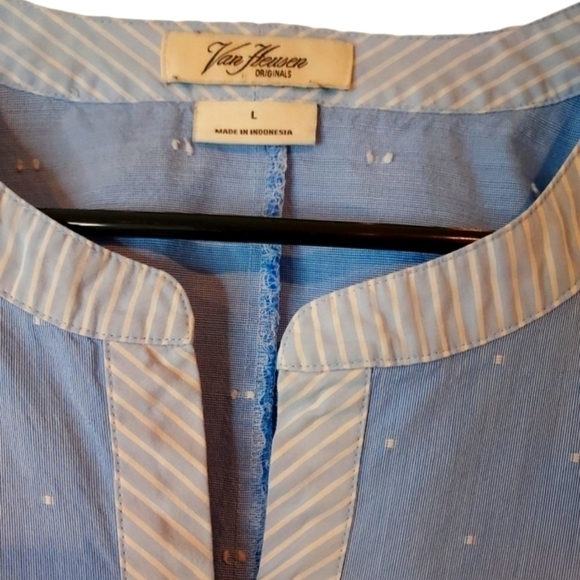Van HEUSEN 3/4 sleeve V neck chambray casual summer tunic shirt top Sz L - Picture 3 of 11